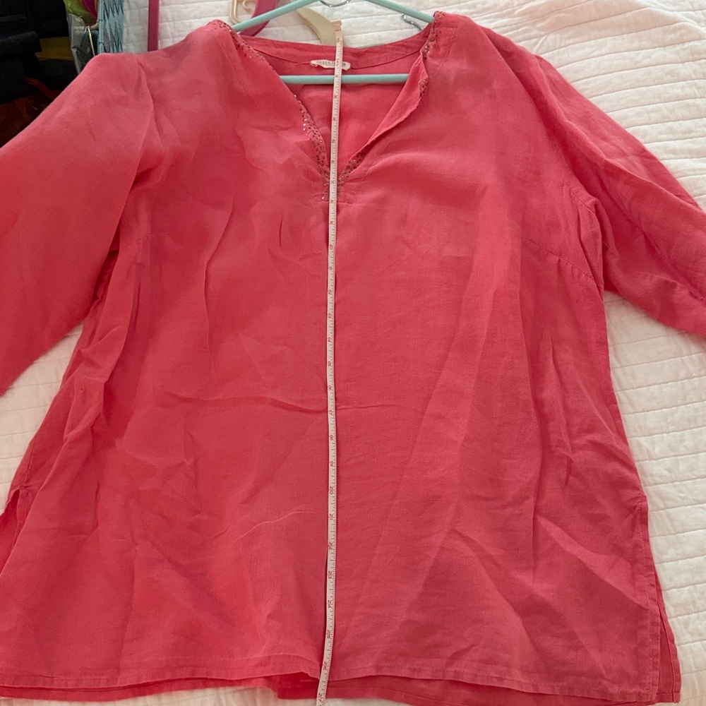 Eileen Fisher Pink Coral V-Neck Linen Top with Sequin Collar - Picture 9 of 9